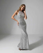 Celeste Maxi Dress - Silver sequin evening dress with halter neck by Lauven for a polished look.