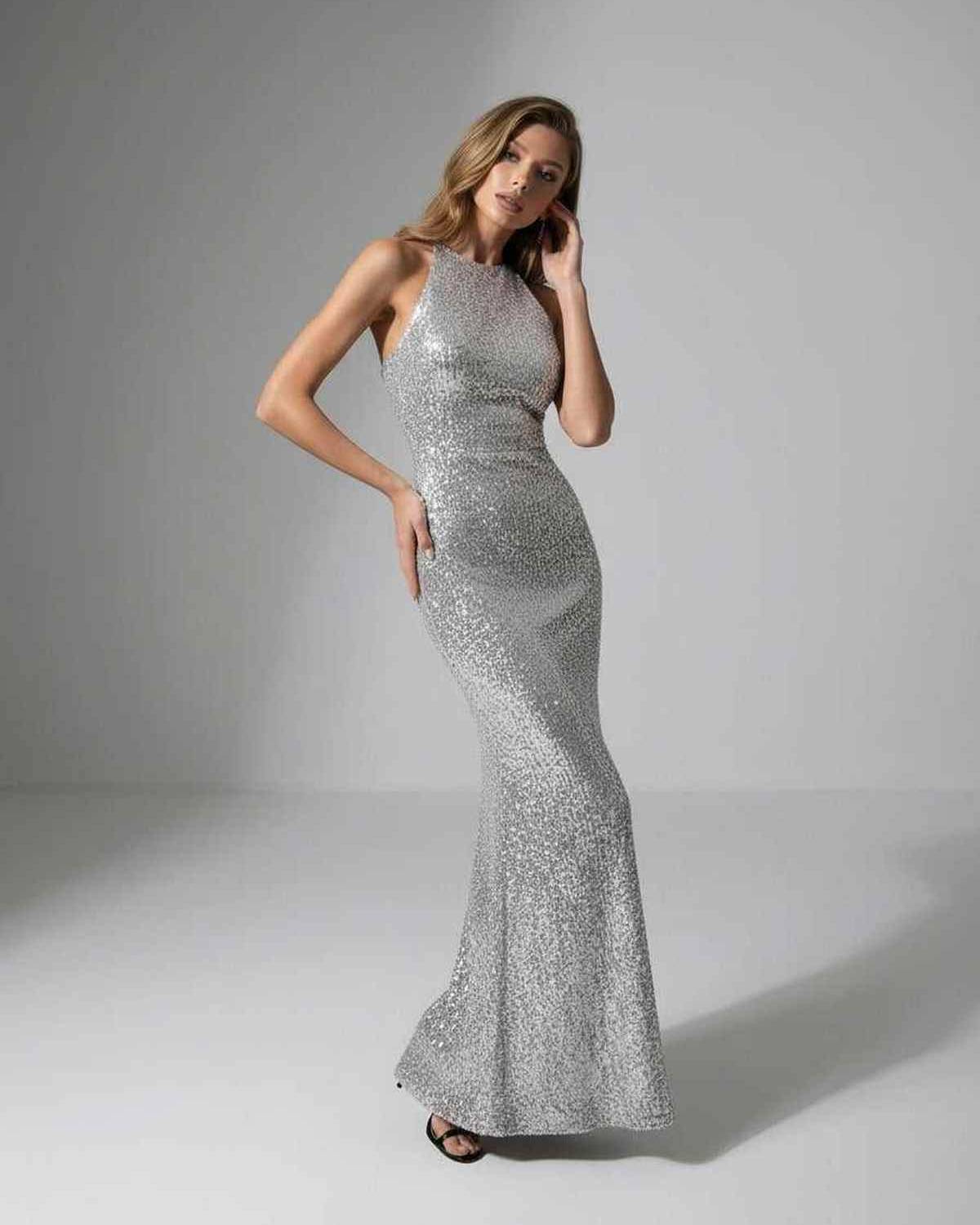 Celeste Maxi Dress - Silver sequin evening dress with halter neck by Lauven for a polished look.