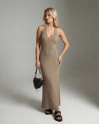 Celeste Maxi Dress by Lauven, elegant sleeveless ribbed knit ankle-length dress in neutral tones.
