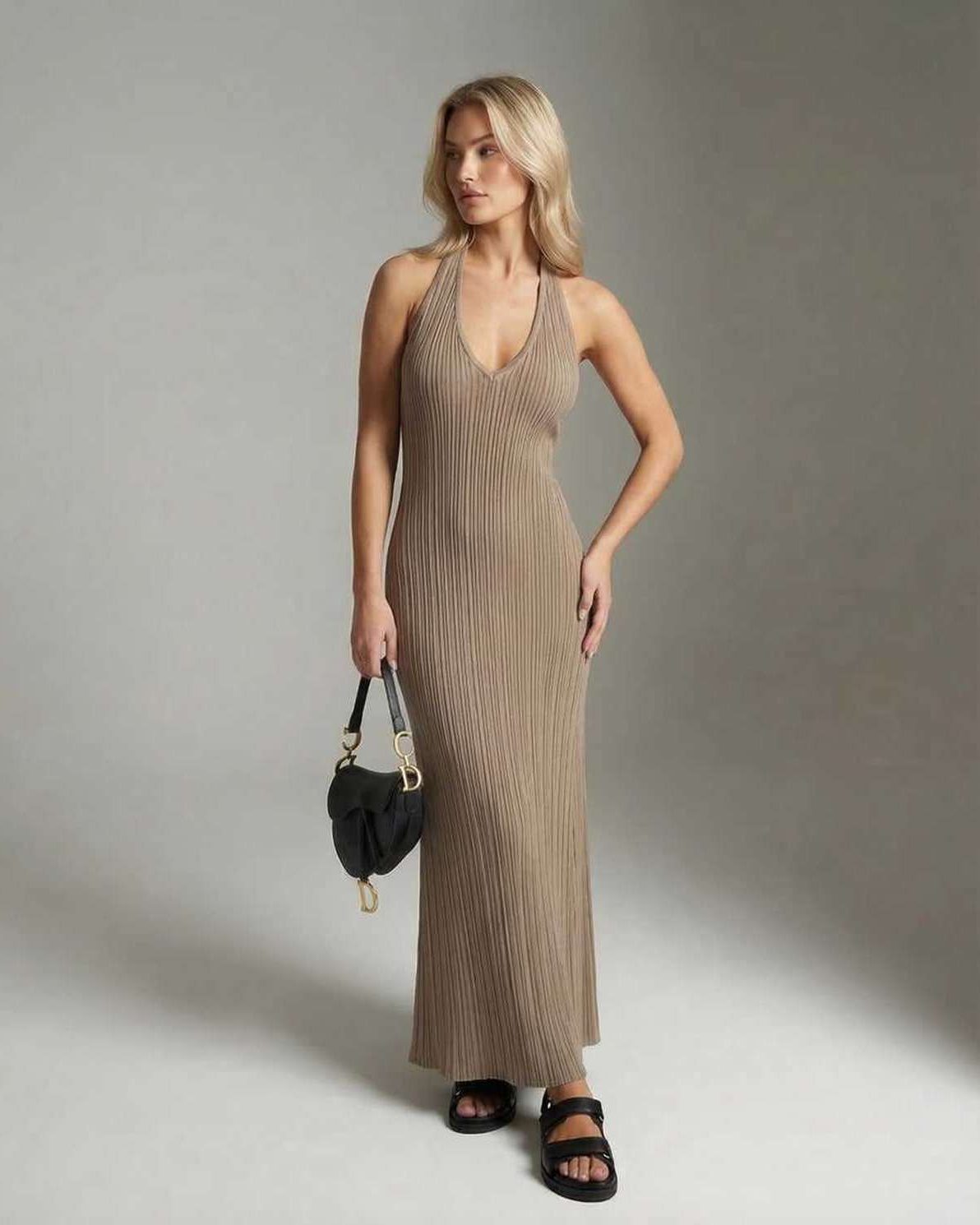 Celeste Maxi Dress by Lauven, elegant sleeveless ribbed knit ankle-length dress in neutral tones.