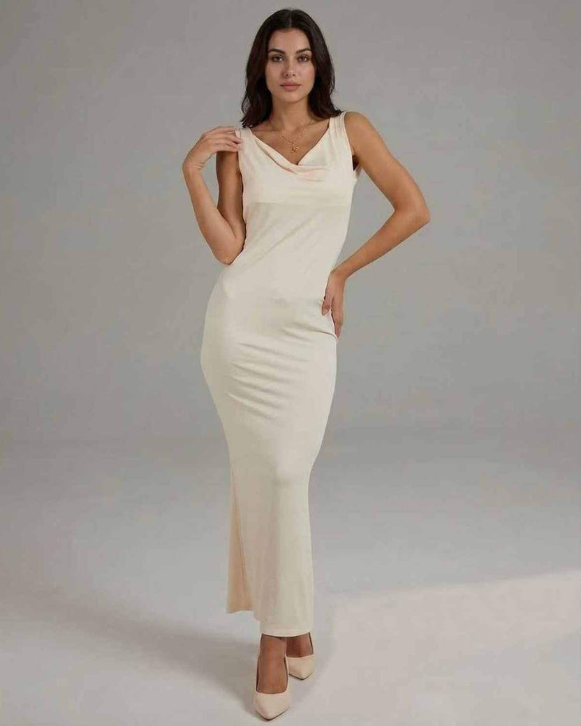 Celeste Maxi Dress – Elegant sleeveless cowl neck, solid cream tone, flowing silhouette by Lauven.
