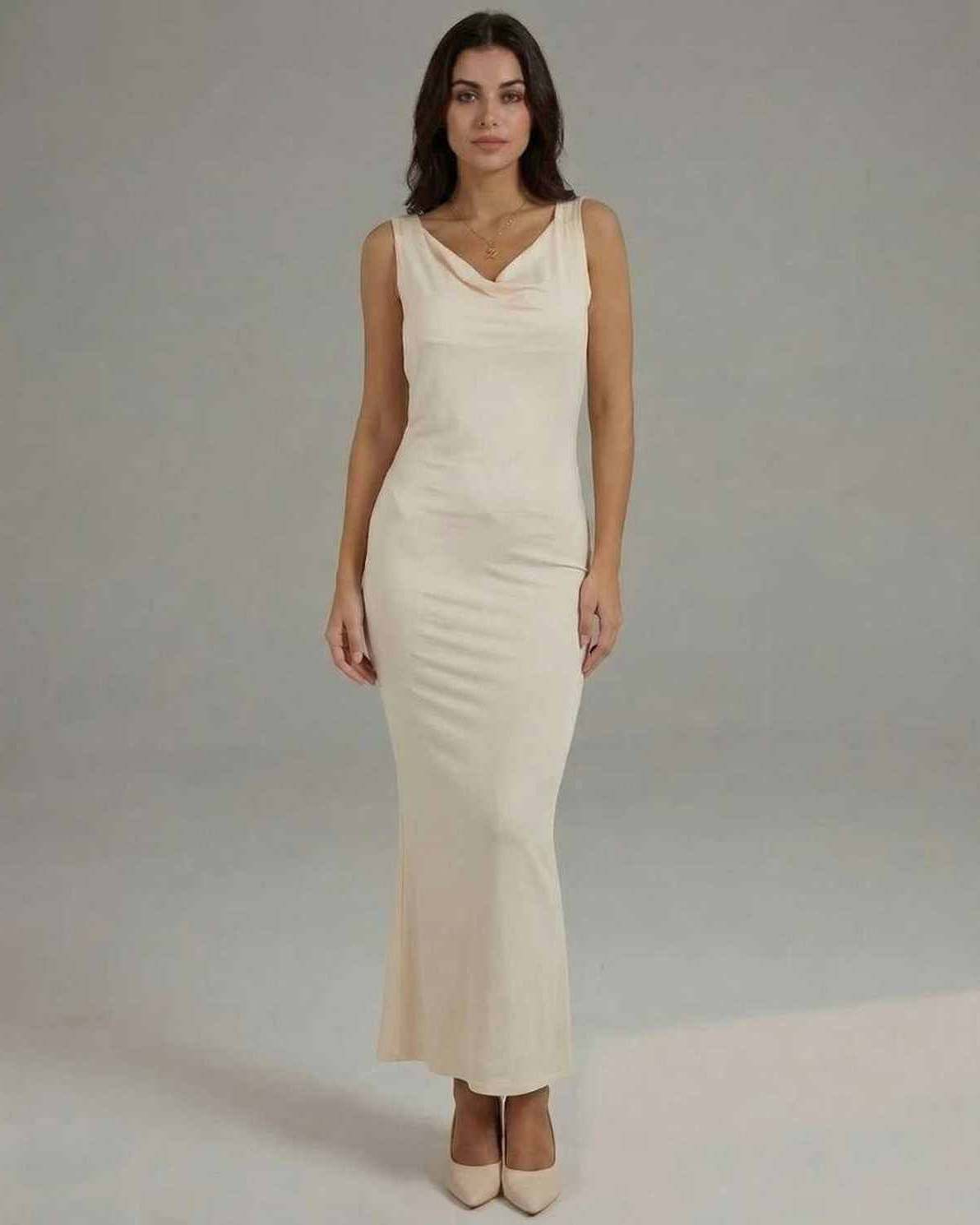 Celeste Maxi Dress – Sleek sleeveless cowl neck, cream tone, elegant silhouette by Lauven.