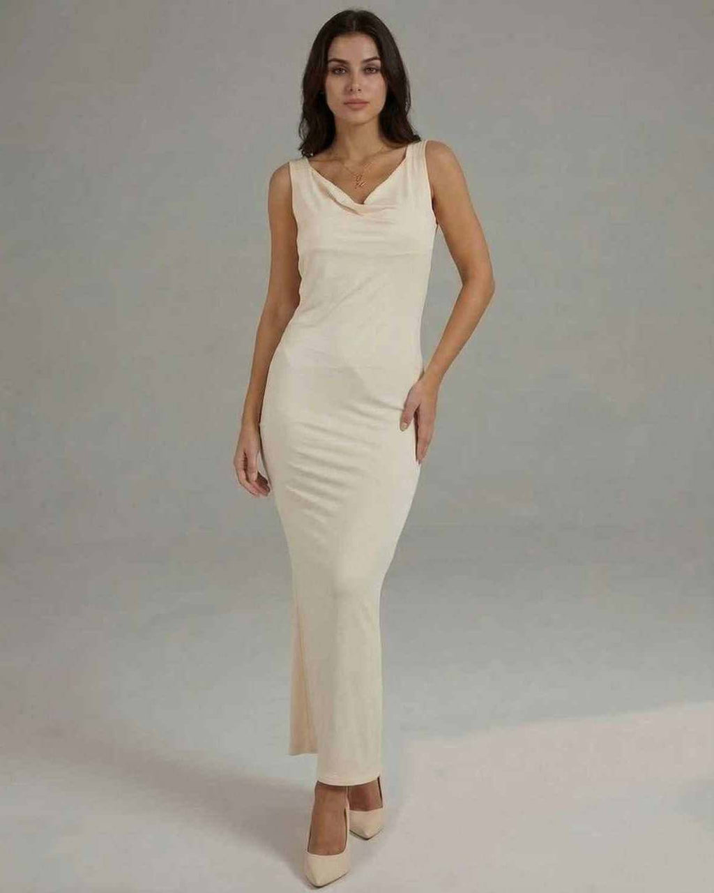 Celeste Maxi Dress - Elegant sleeveless cowl neck dress by Lauven, featuring a smooth cream fabric and sleek silhouette.