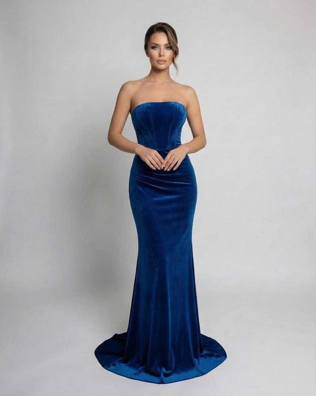 Celeste Maxi Dress by Lauven - Strapless velvet evening gown in rich blue, showcasing modern elegance and refined luxury.