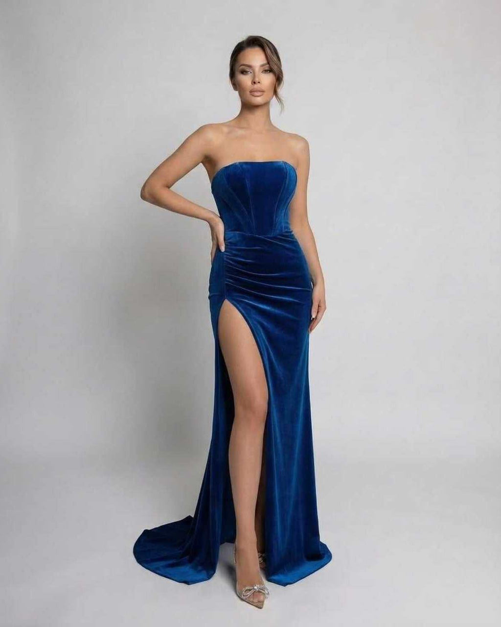 Celeste Maxi Dress by Lauven - Strapless velvet evening gown in rich blue with thigh-high slit.
