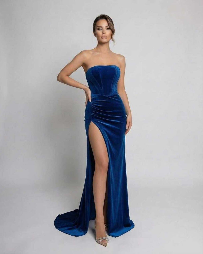 Celeste Maxi Dress by Lauven - Strapless velvet evening gown in rich blue with thigh-high slit.