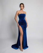 Celeste Maxi Dress by Lauven - Strapless velvet gown in rich blue with a thigh-high slit and elegant silhouette.