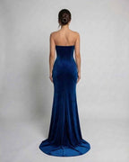 Celeste Maxi Dress by Lauven, strapless velvet gown in rich blue, showcasing a back view with a floor-length silhouette.