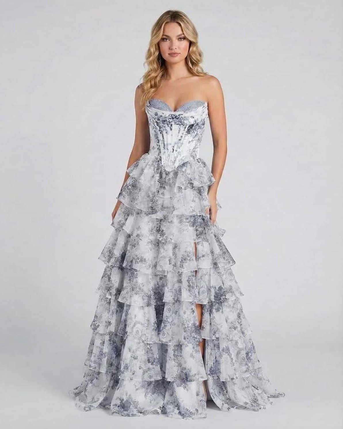 Celeste Maxi Dress by Lauven, elegant tiered floral chiffon gown in gray and white with flowing layers.