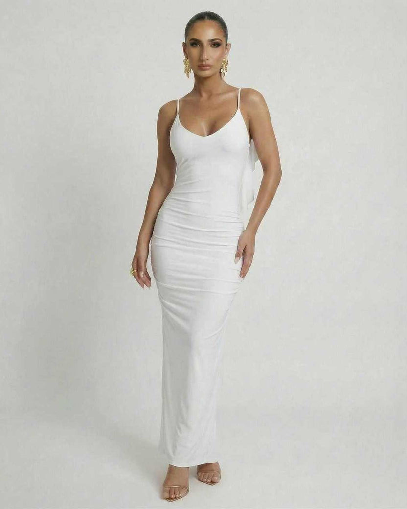 Lauven Celeste Maxi Dress - Elegant white sleeveless bodycon with spaghetti straps and smooth fit.