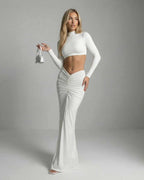 Celeste Maxi Dress by Lauven, sleek white ankle-length dress with high collar and ruching detail.