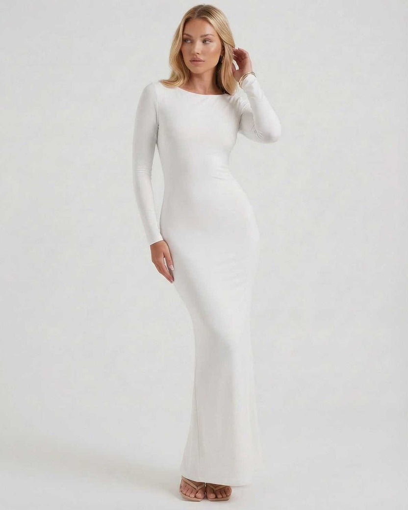 Celeste Maxi Dress by Lauven, elegant white long sleeve dress with open back and sleek fit, perfect for formal occasions.
