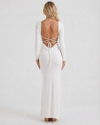 Celeste Maxi Dress by Lauven, elegant white long sleeve dress with open back, showcasing a sleek silhouette.