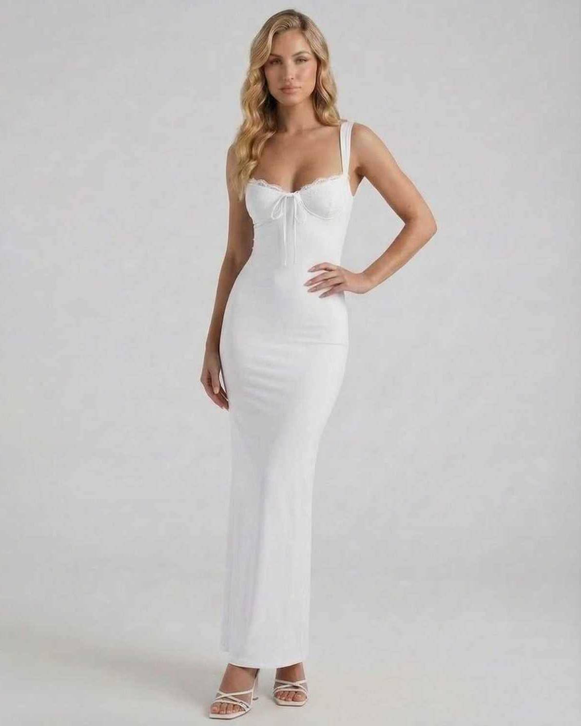 Celeste Maxi Dress by Lauven, featuring a sleek white satin silhouette for elegant evening wear.