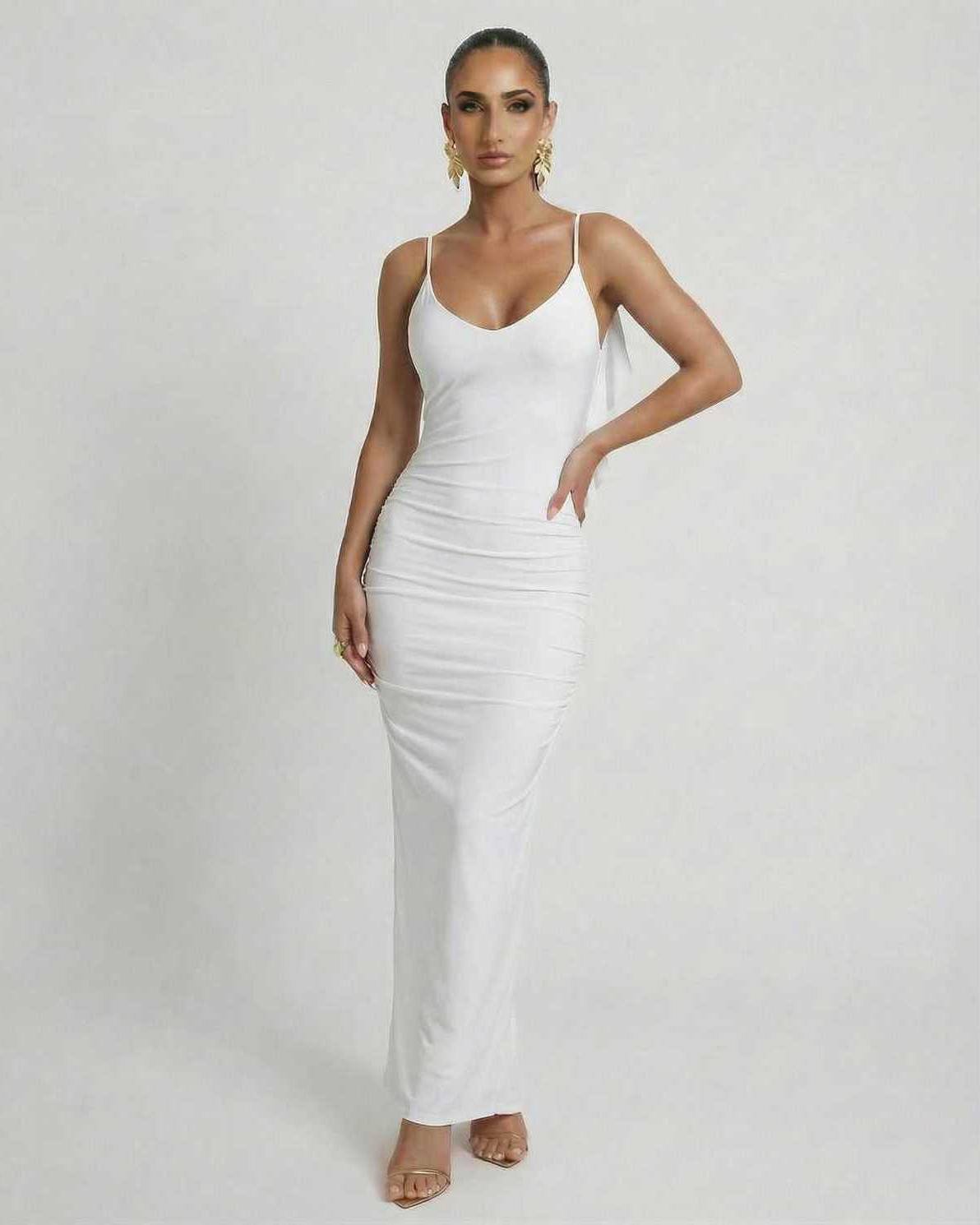 Celeste Maxi Dress by Lauven - Elegant white sleeveless bodycon design with spaghetti straps and smooth fit.
