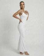 Lauven Celeste Maxi Dress - Elegant white sleeveless bodycon with spaghetti straps and smooth fit.