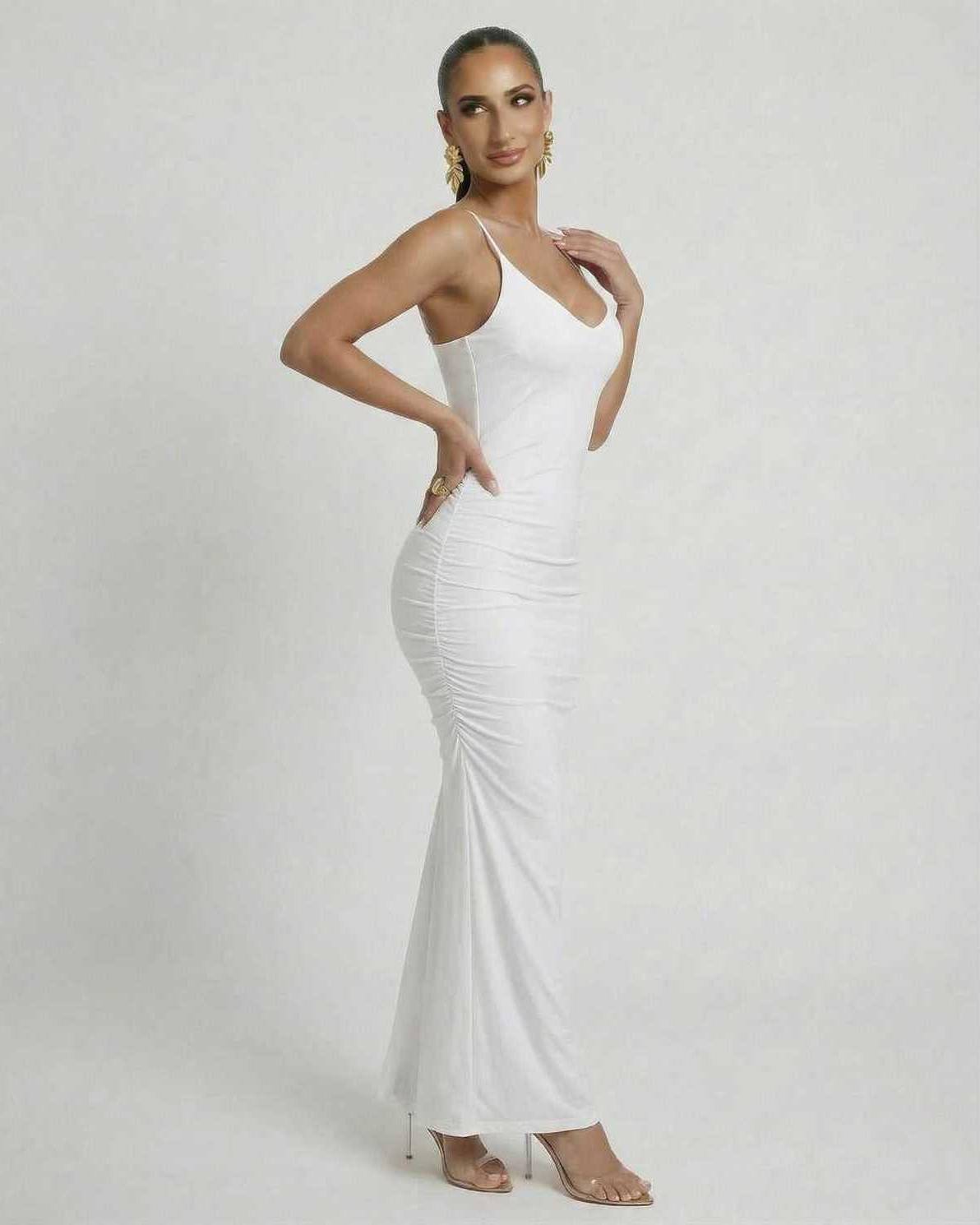 Lauven Celeste Maxi Dress - Elegant white sleeveless bodycon with spaghetti straps and smooth fit.