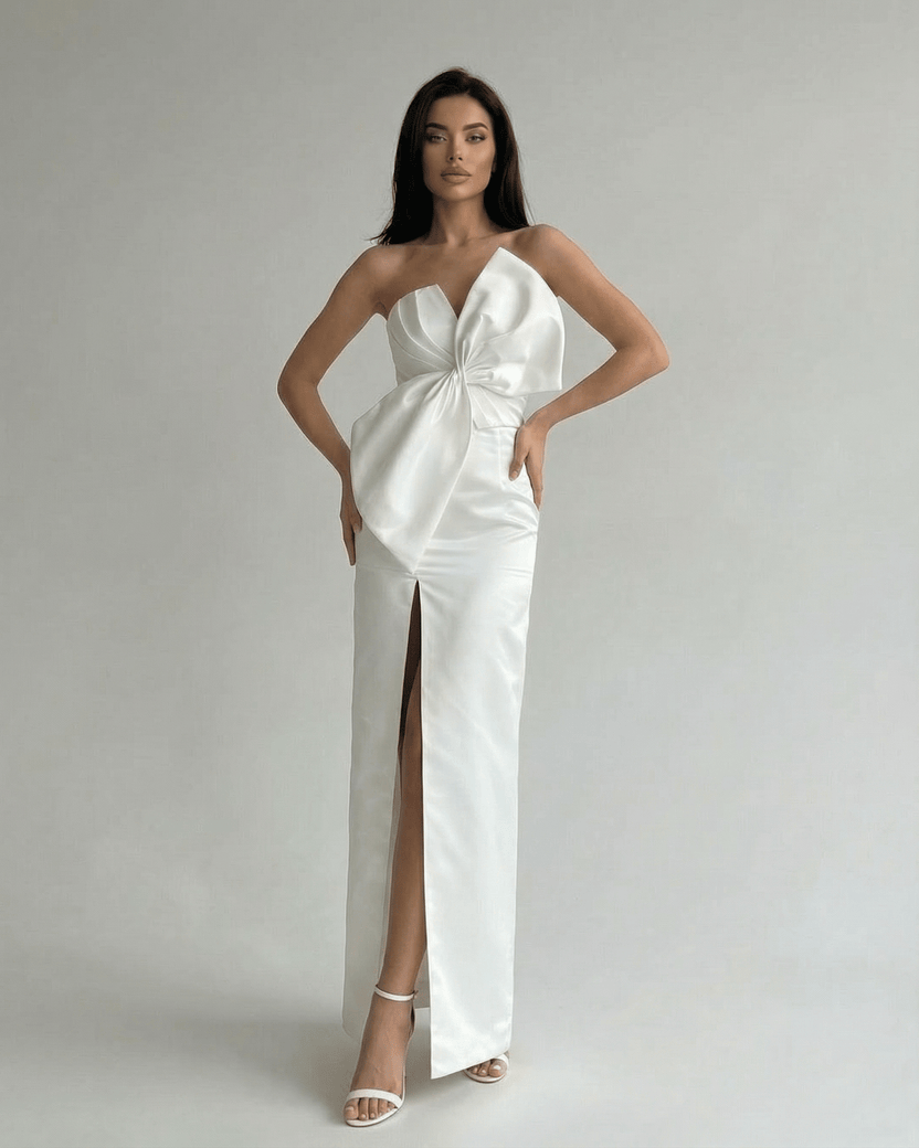 Celeste Maxi Dress by Lauven, elegant white strapless satin sheath with front slit and sculpted silhouette.