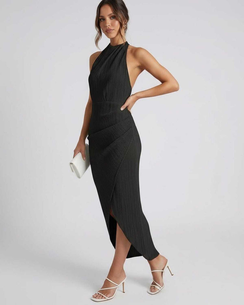Lauven Celeste Midi Dress in black, featuring halter neckline, textured fabric, and stylish slit for elegance.