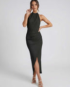 Lauven Celeste Midi Dress – Elegant black halter neck midi dress with flattering slit for evening style.