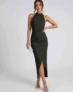 Celeste Midi Dress by Lauven, elegant black halter neck evening dress with tasteful slit.