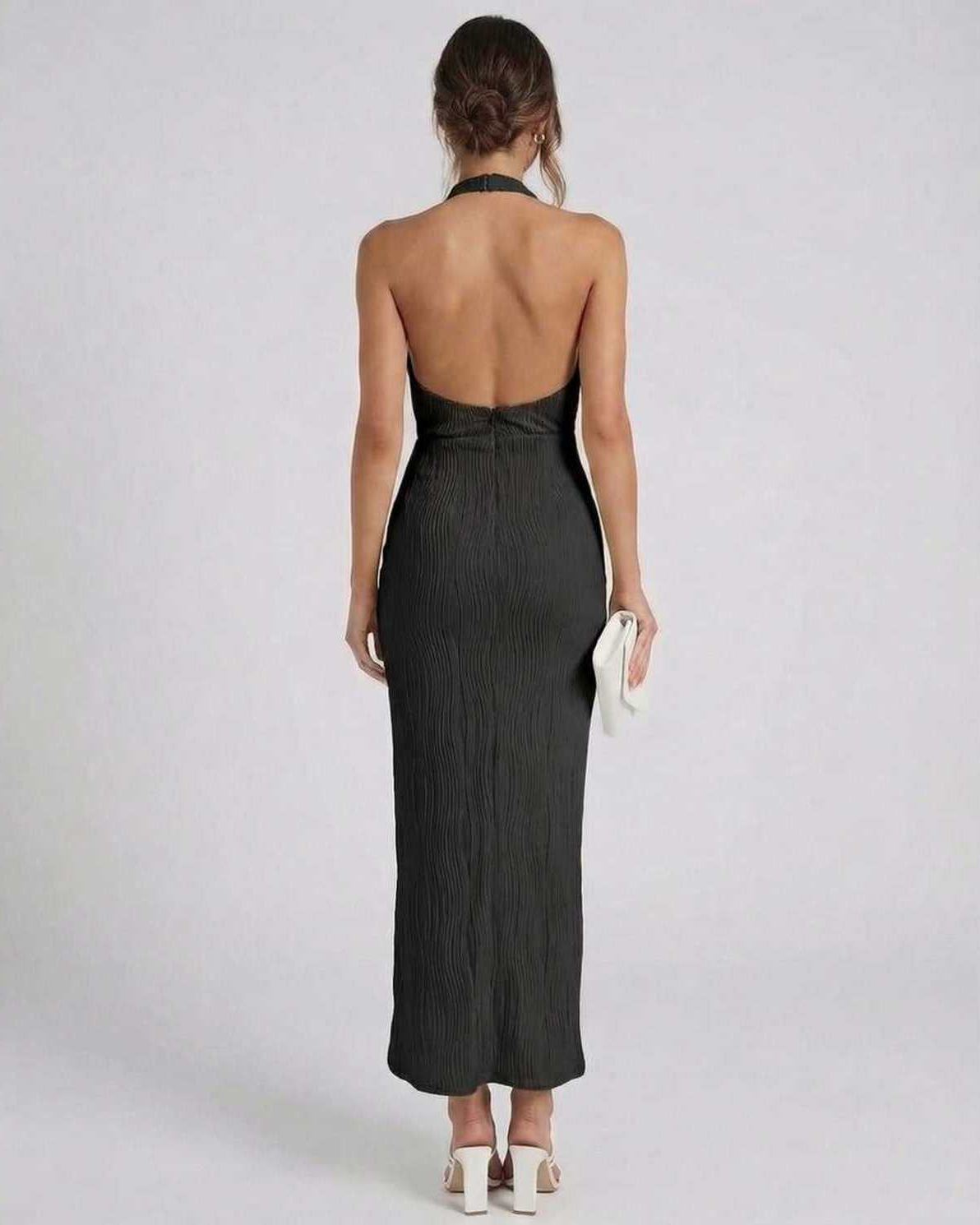 Celeste Midi Dress by Lauven, elegant black halter neck evening dress showcasing back design and sleek silhouette.