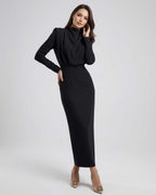 Lauven Celeste Midi Dress - Elegant black trumpet silhouette with stand neck, featuring luxurious comfort and style.