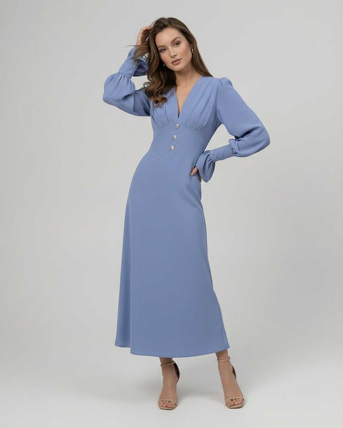 Celeste Midi Dress, blue long sleeve A-line dress by Lauven, featuring a V-neckline and flattering silhouette.