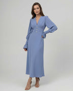 Celeste Midi Dress - Long sleeve blue A-line dress by Lauven, featuring a flattering V-neckline and polished elegance.