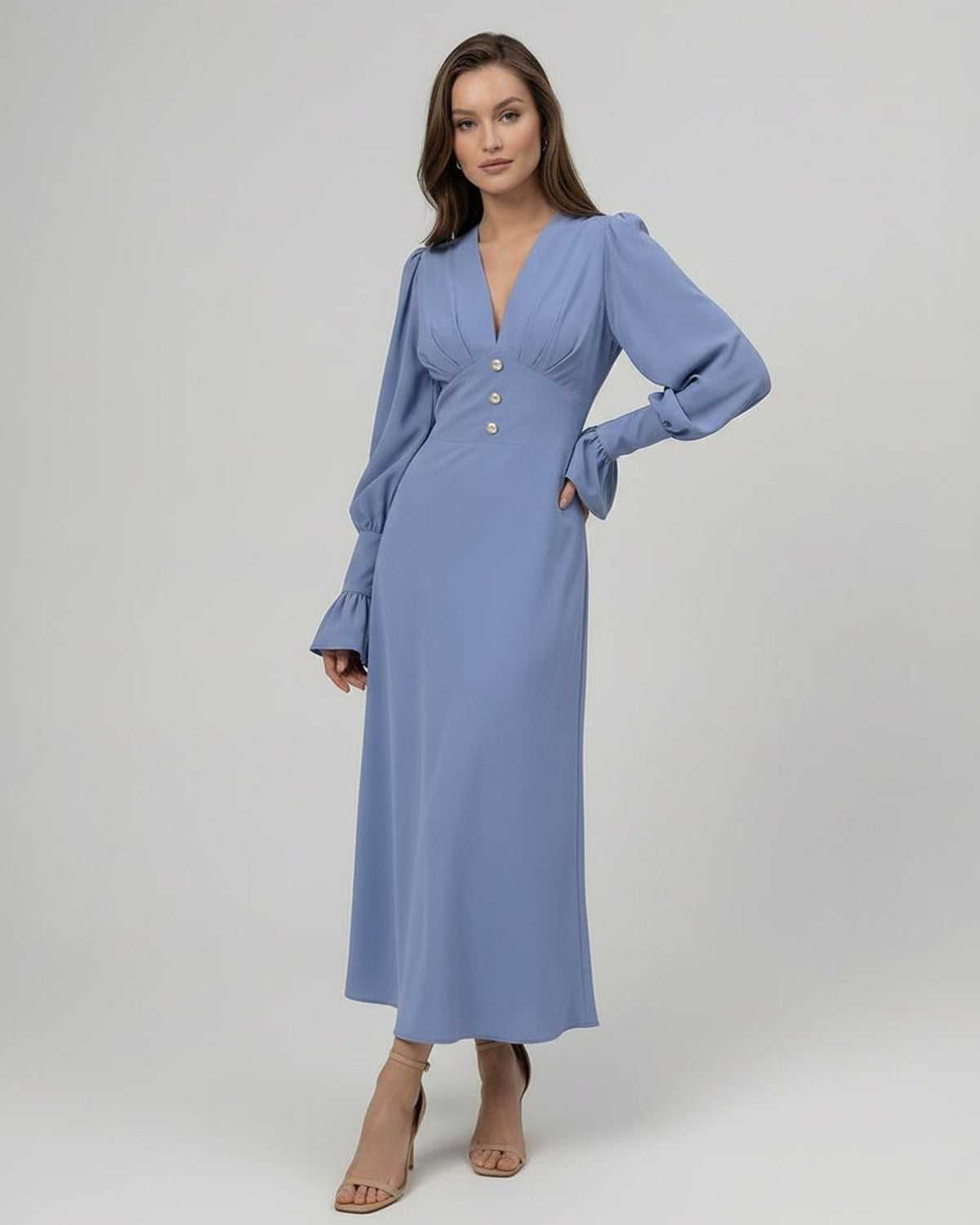 Celeste Midi Dress - Long sleeve blue A-line dress by Lauven, featuring a flattering V-neckline and polished elegance.
