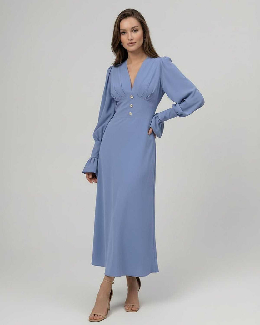 Celeste Midi Dress - Long sleeve blue A-line dress by Lauven, featuring a flattering V-neckline and polished elegance.