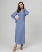 Celeste Midi Dress - Blue long sleeve A Line dress by Lauven, featuring a flattering V-neckline and polished silhouette.