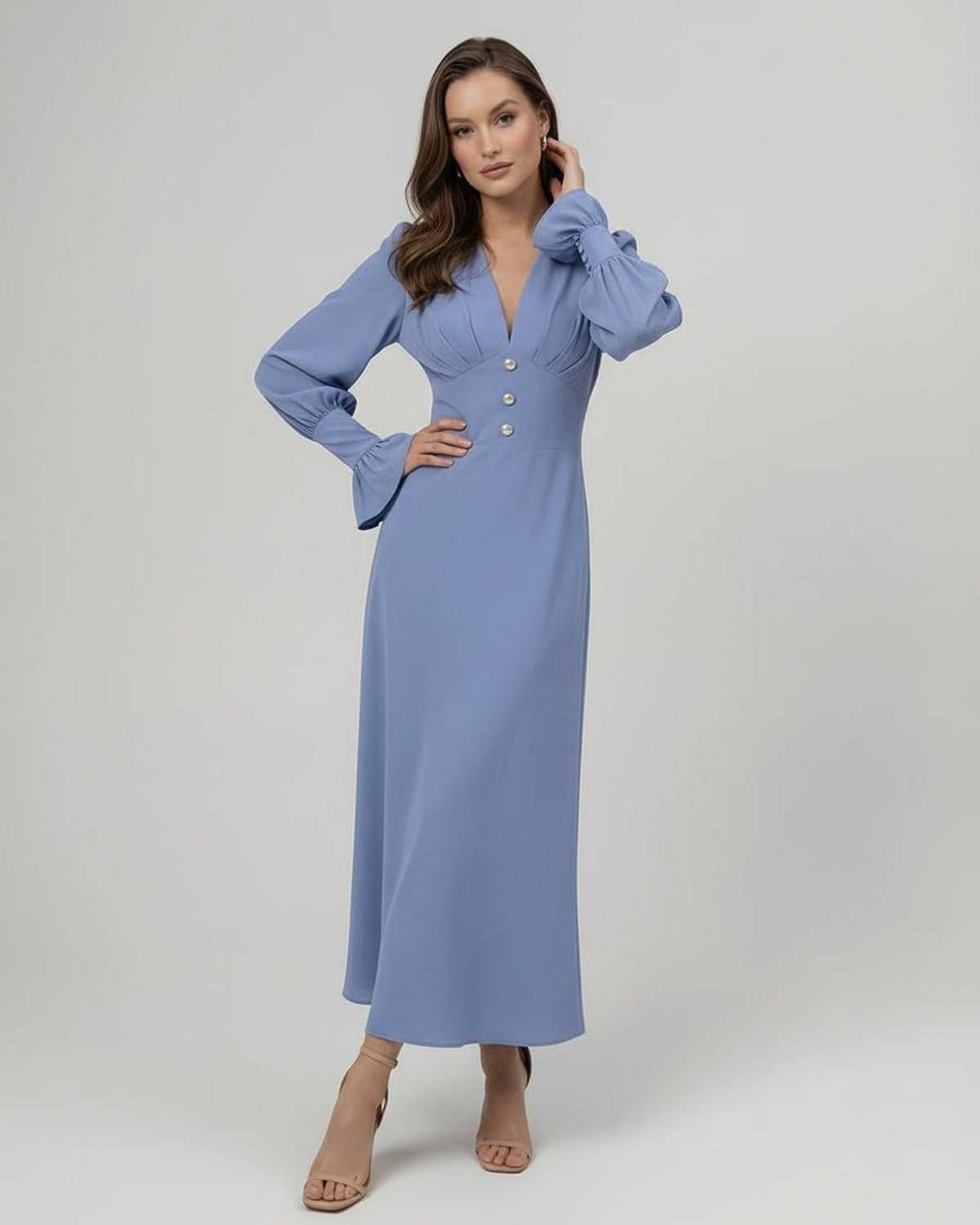 Celeste Midi Dress - Blue long sleeve A Line dress by Lauven, featuring a flattering V-neckline and polished silhouette.