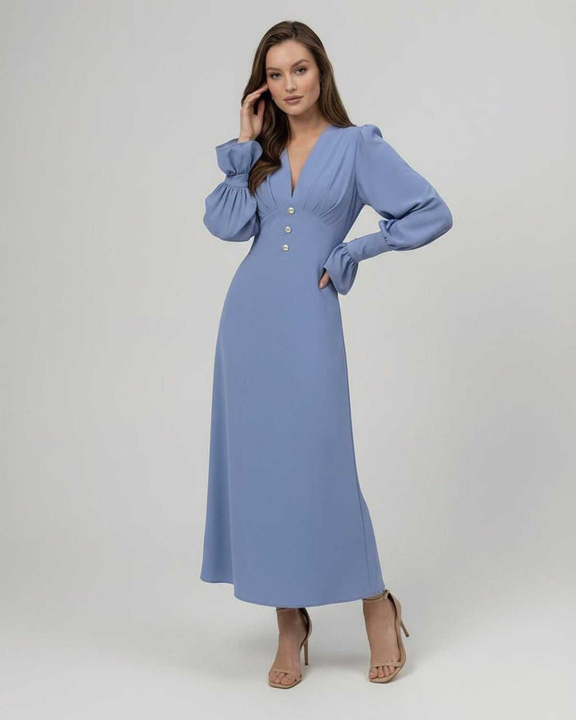 Celeste Midi Dress in soft blue, featuring long sleeves, V-neckline, A-line silhouette by Lauven.