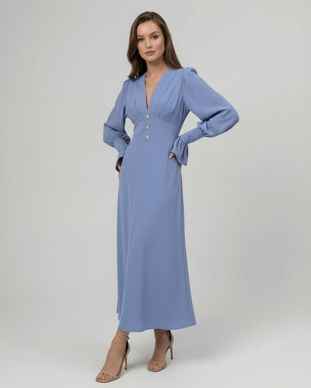 Celeste Midi Dress - Elegant blue long sleeve A-line dress by Lauven, featuring a flattering V-neckline and high waist.