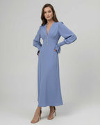Celeste Midi Dress - Elegant blue long sleeve A-line dress by Lauven, featuring a flattering V-neckline and high waist.