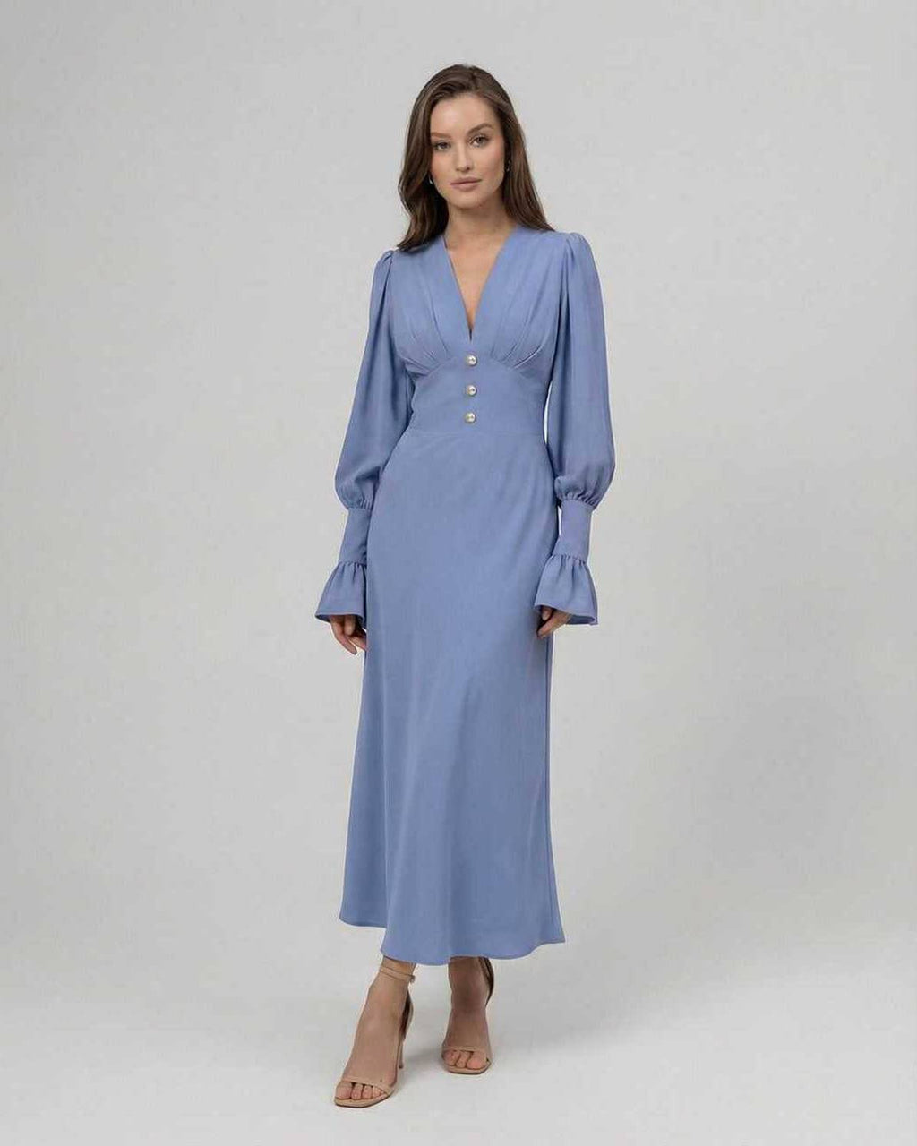 Celeste Midi Dress by Lauven, blue long sleeve A-line with V-neck, chic elegance, flattering fit.
