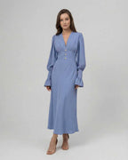 Celeste Midi Dress by Lauven, blue long sleeve A-line with V-neck, chic elegance, flattering fit.
