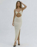 Celeste Midi Dress by Lauven - Chic Cut-Out Spaghetti Strap Ivory Dress for elegant summer occasions.