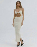 Celeste Midi Dress by Lauven, chic cut-out spaghetti strap dress in ivory for summer evenings and special occasions.