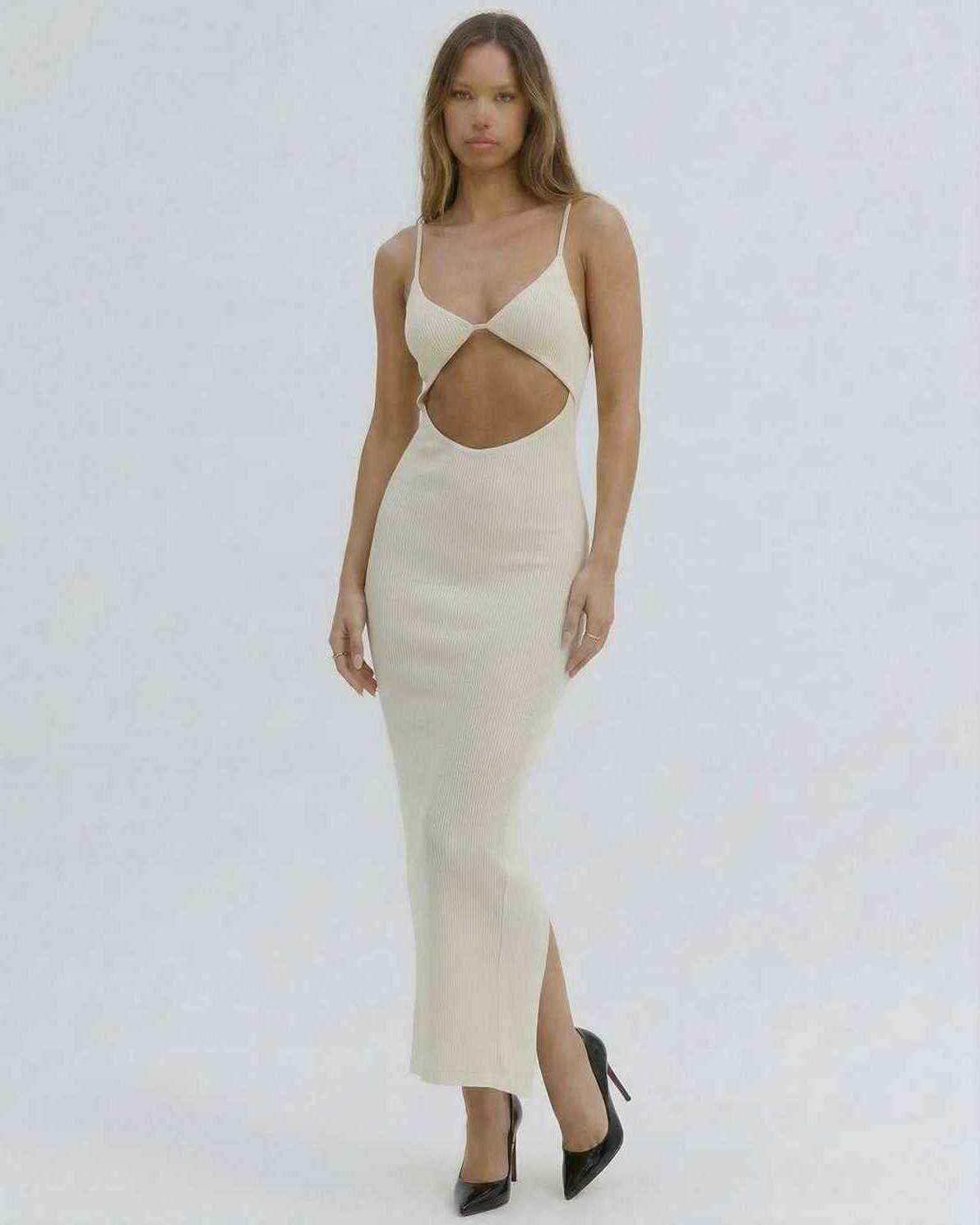 Celeste Midi Dress by Lauven, chic cut-out spaghetti strap dress in ivory for summer evenings and special occasions.
