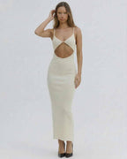 Celeste Midi Dress by Lauven featuring chic cut-out design and spaghetti straps in elegant ivory.