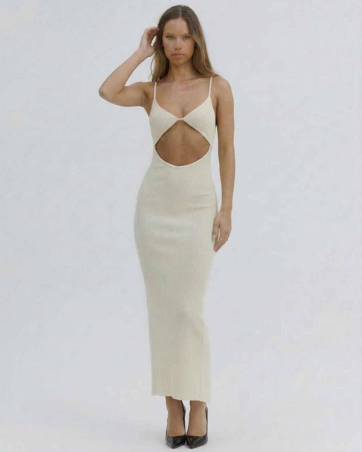 Celeste Midi Dress by Lauven featuring chic cut-out design and spaghetti straps in elegant ivory.