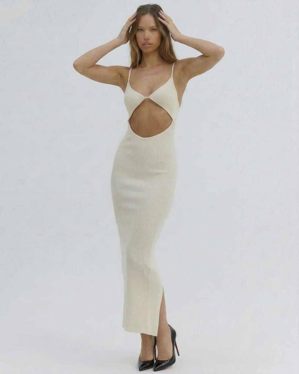 Celeste Midi Dress by Lauven, chic cut-out spaghetti strap dress in ivory, perfect for summer evenings.