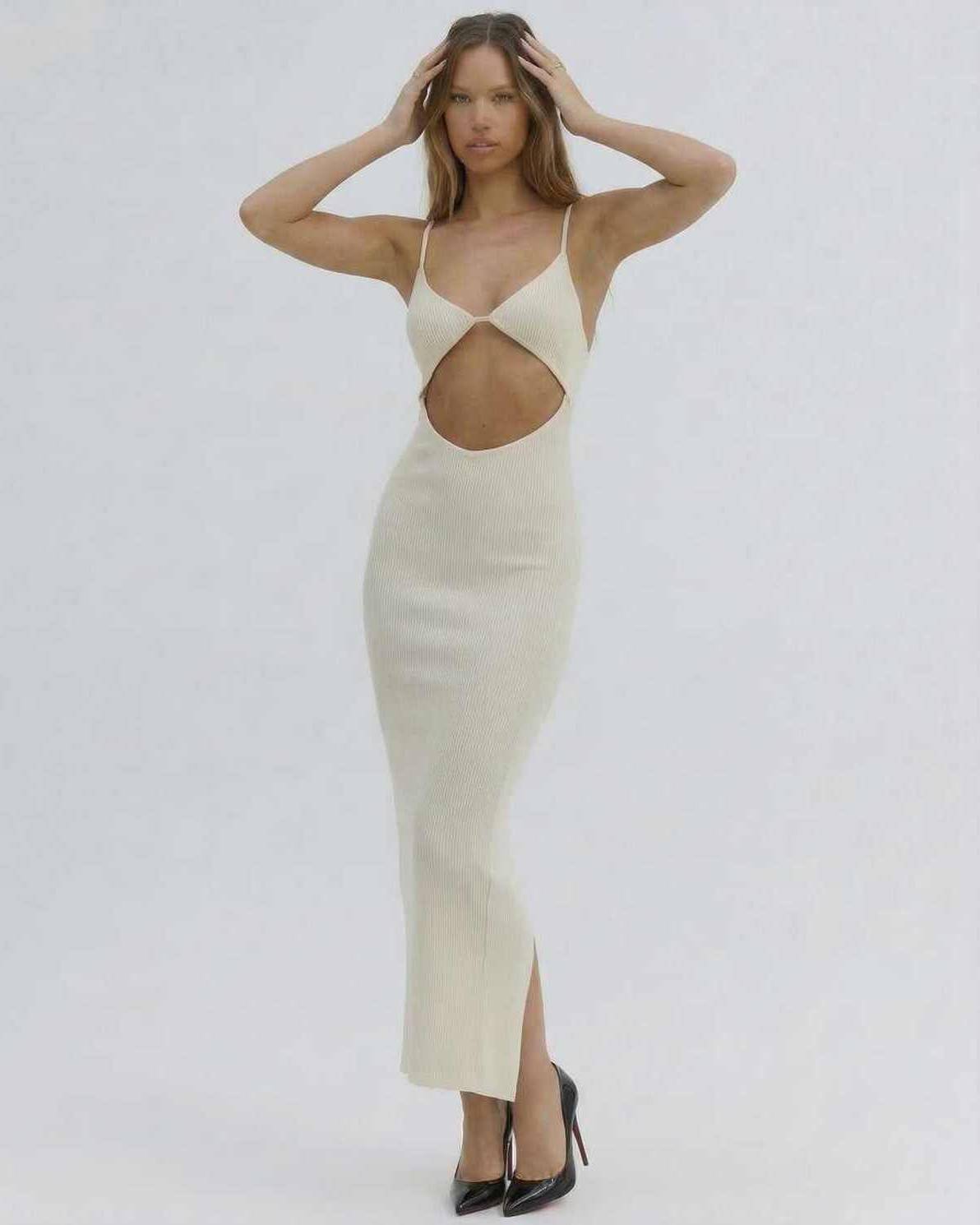 Celeste Midi Dress by Lauven, chic cut-out spaghetti strap dress in ivory, perfect for summer evenings.