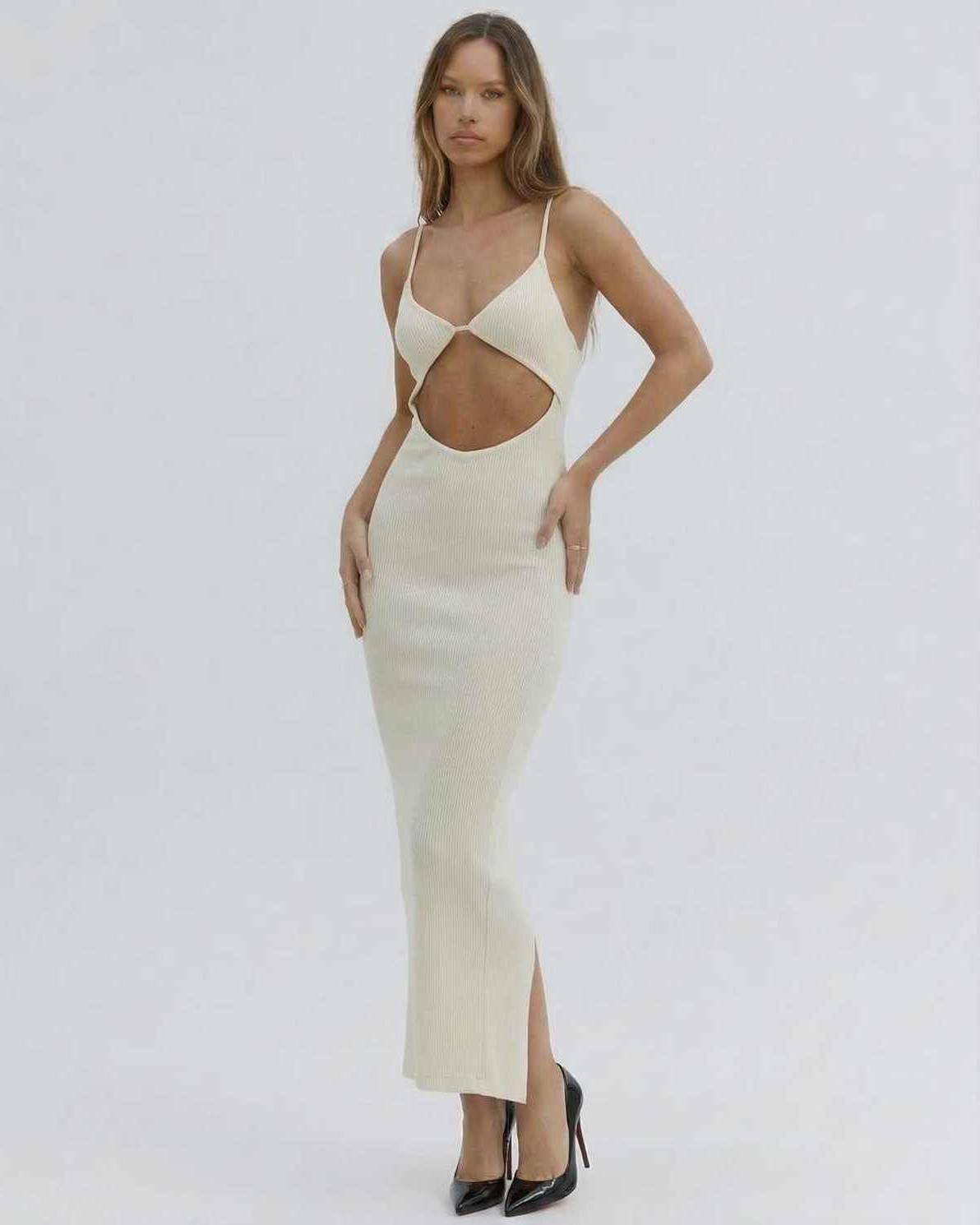 Celeste Midi Dress by Lauven – Chic cut-out spaghetti strap dress in ivory with a slim-fit design.