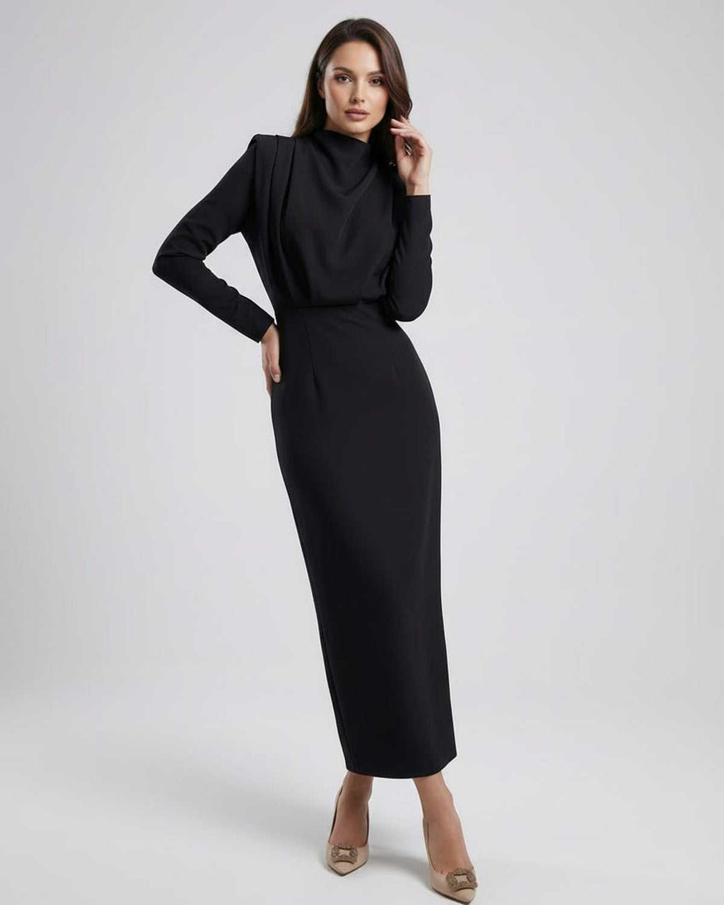 Lauven Celeste Midi Dress in elegant black with trumpet silhouette and stand neck for timeless sophistication.