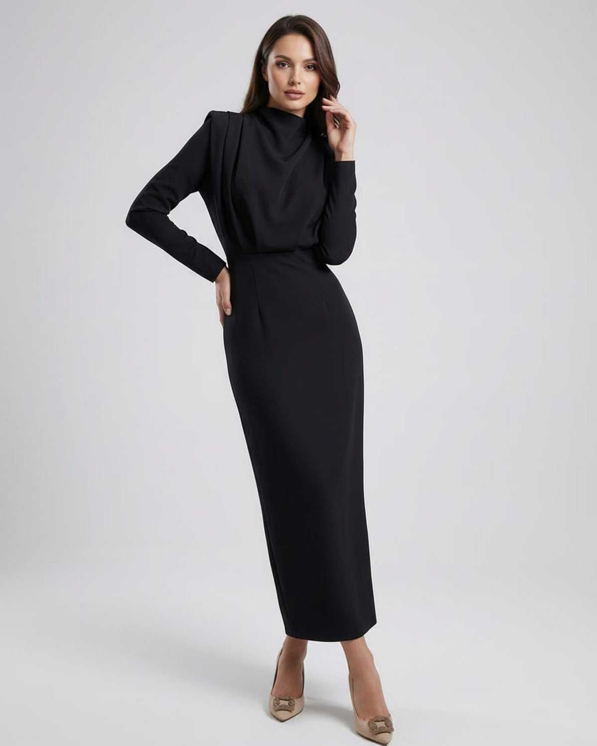 Lauven Celeste Midi Dress in elegant black with trumpet silhouette and stand neck for timeless sophistication.