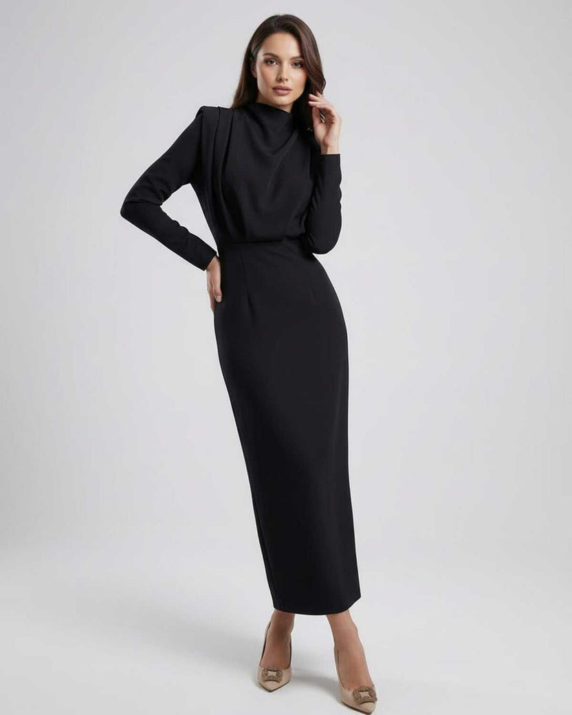 Lauven Celeste Midi Dress in elegant black with trumpet silhouette and stand neck for timeless sophistication.