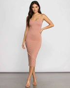 Celeste Midi Dress by Lauven, showcasing an elegant, curve-hugging silhouette in soft knitwear.